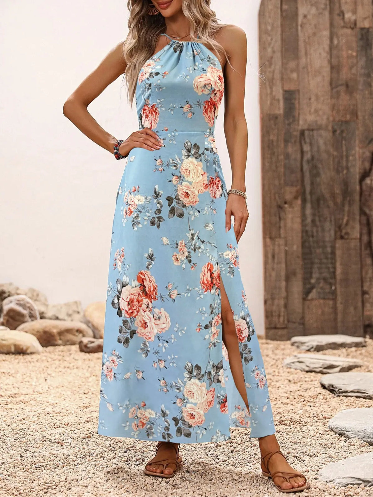Women's Floral Print Split Thigh Halter Neck Dress, Tie Back Design, Boho Style, Sleeveless Long Dress, All Seasons, Elegant and Chic