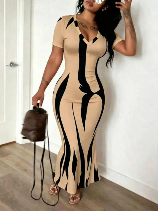 Women's Fashion Slim-Fit Printed Unlined Short-Sleeve Long Dress, Elegant All-Over Print, All-Season Wear, Summer Dresses