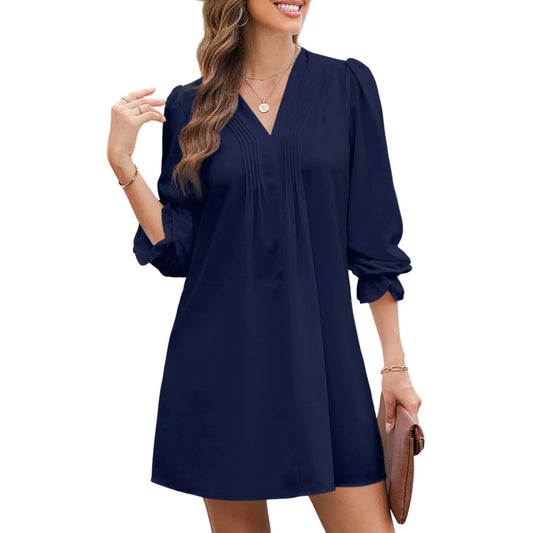Dokotoo Womens Casual Dress A-Line Ruffle Sleeve V Neck Midi Dress 2026 Fashion Pleated Flowy Sundress Loose Shirt Dresses