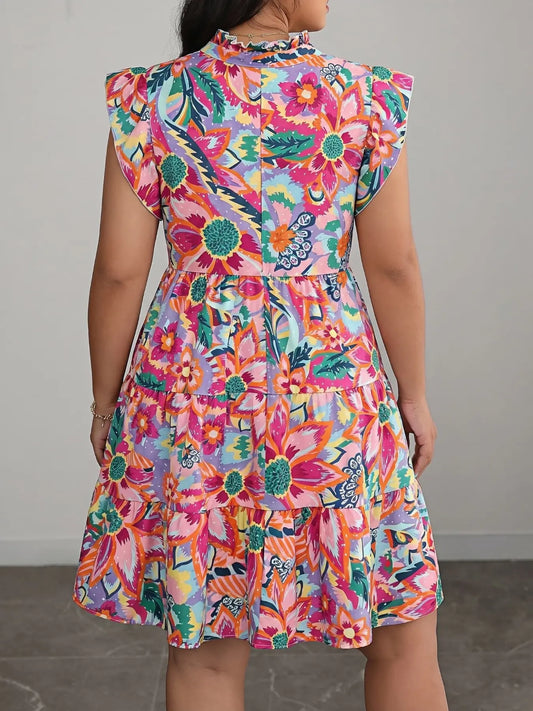 Plus Size Boho Tropical Print Summer Dress, Boho Sundress, Boho Printed Dress, Deep V Neck, Loose Fit, Casual, Short Sleeve, Knee Length, Bohemian Elegant Style, Perfect for Vacation & Daily Wear