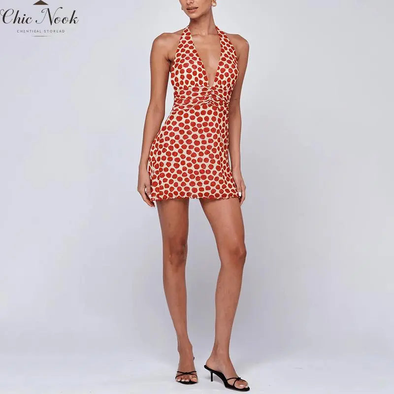 Women's Halter Polka Dots V Neck Tank Dress Sleeveless Summer A Line Dresses Sexy Mini Dress