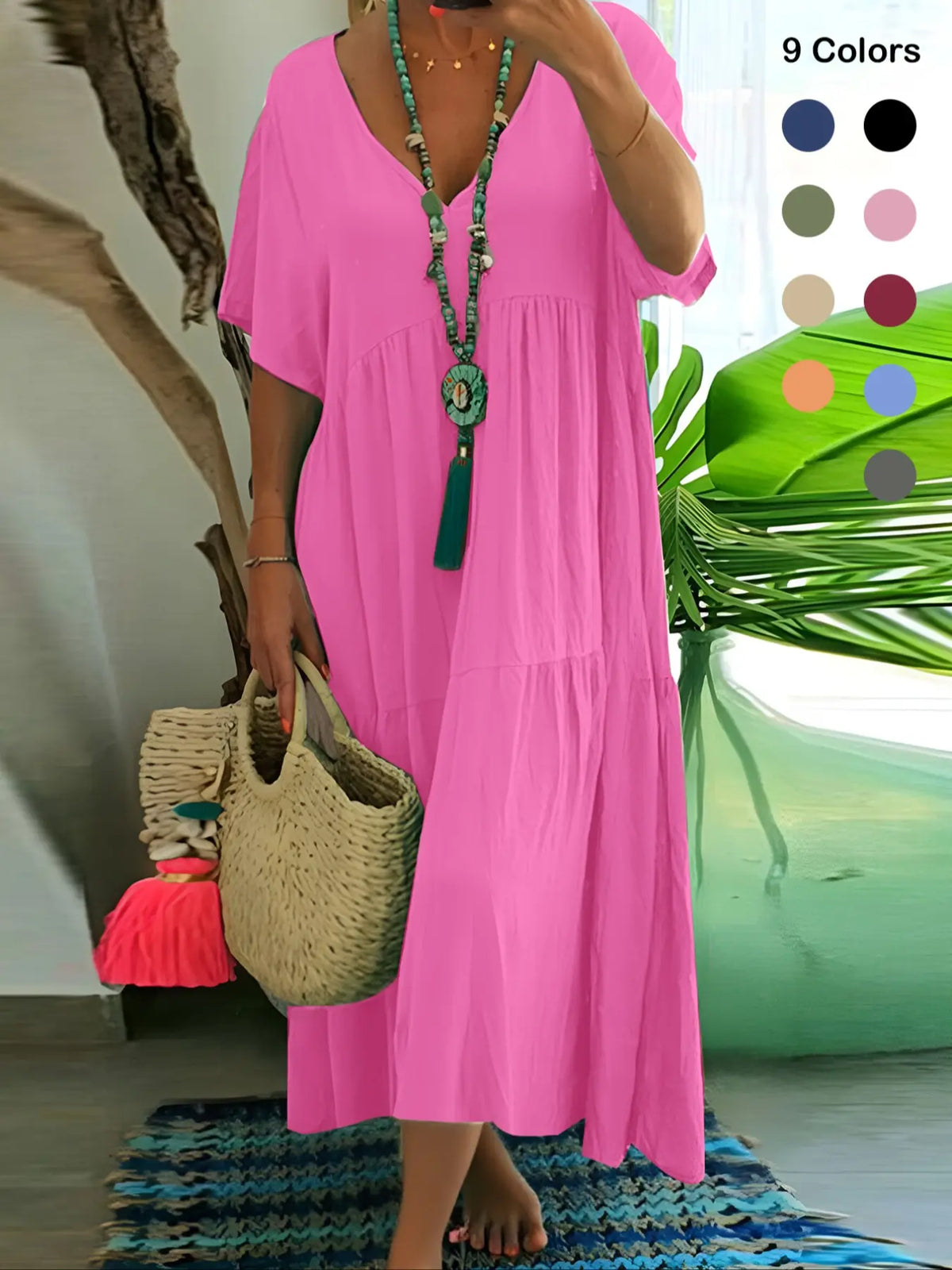 Plus Size Women's Summer Casual Loose V-Neck Plain Long Dress Boho Style, Short Sleeve, Tiered Layer, Spring & Fall Fashion Vibe