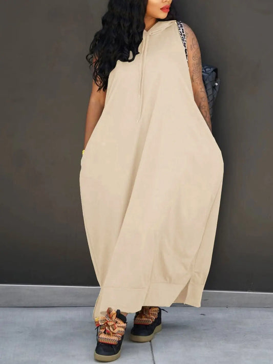 Women's Plain Drawstring Hooded Tank Dress, Casual Basic Pocket Sleeveless Dress for Summer, Fashion Women's Clothing for Daily Wear, Casual Chic Dress