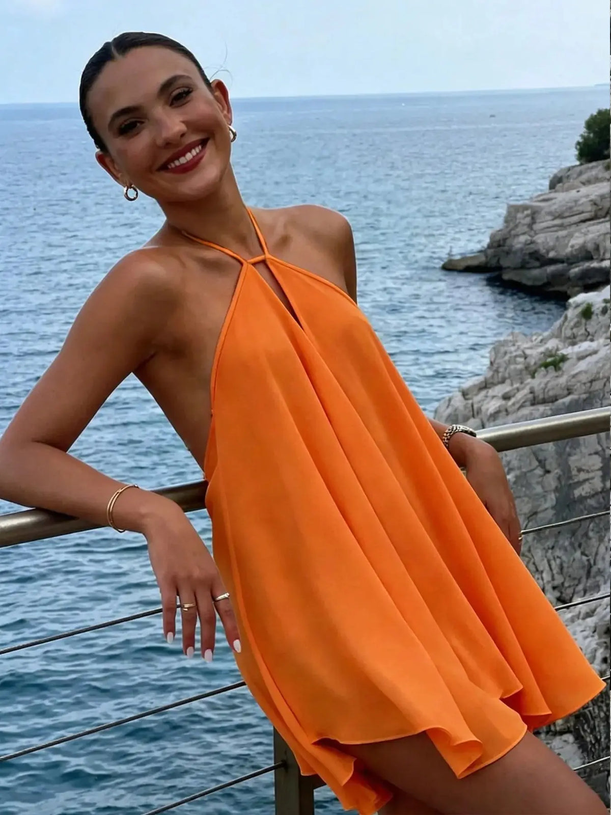 New Women's French Style Chic Tie Backless Sleeveless Dress, Flowy Hollow Out Slim Fit Short Vacation Dress, Womenswear