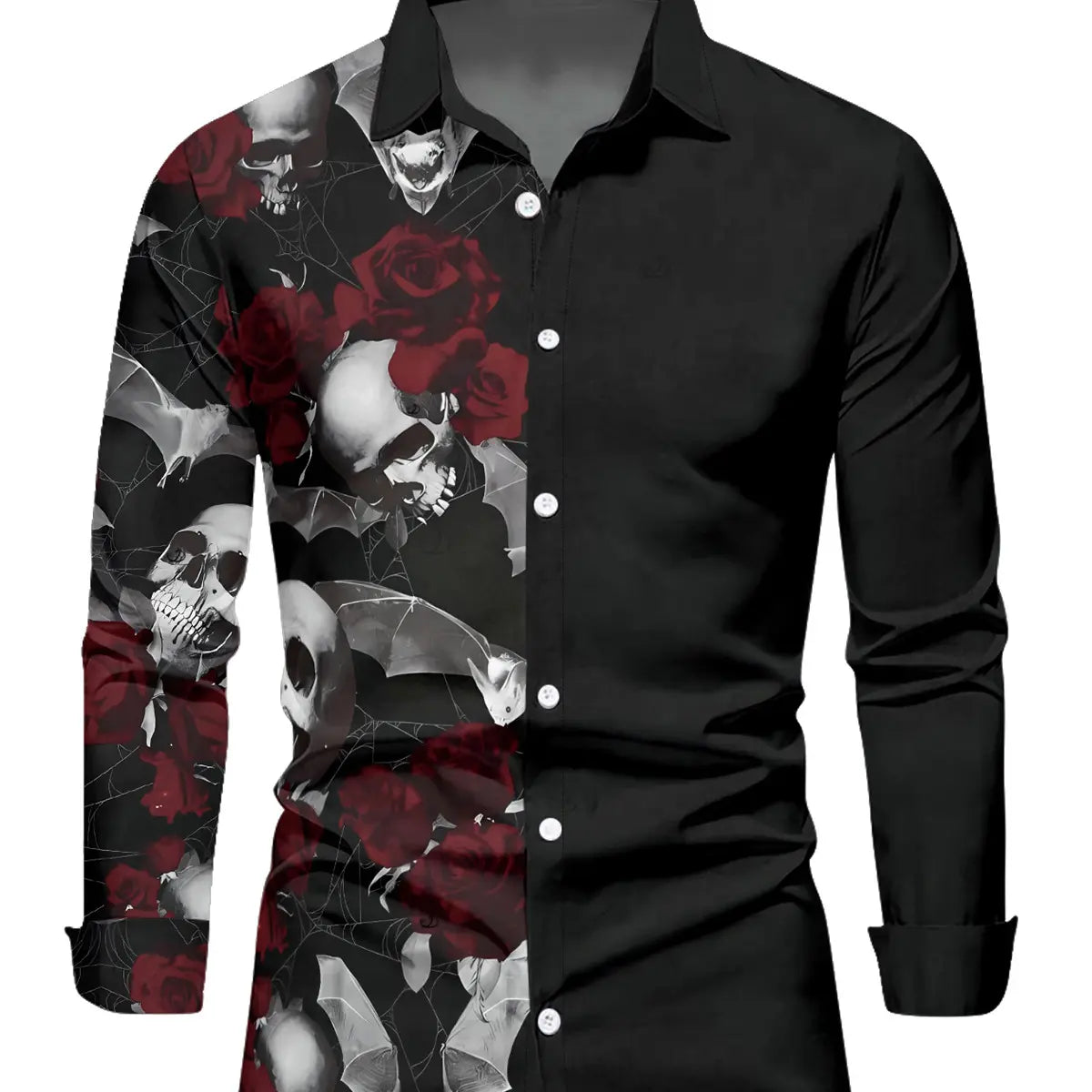 DRESSLILY 2026 Gothic Couple Outfit Women's Skull Rose Print Lace Up Off the Shoulder Asymmetrical Dress and Men's Long Sleeve Shirt Matching Set
