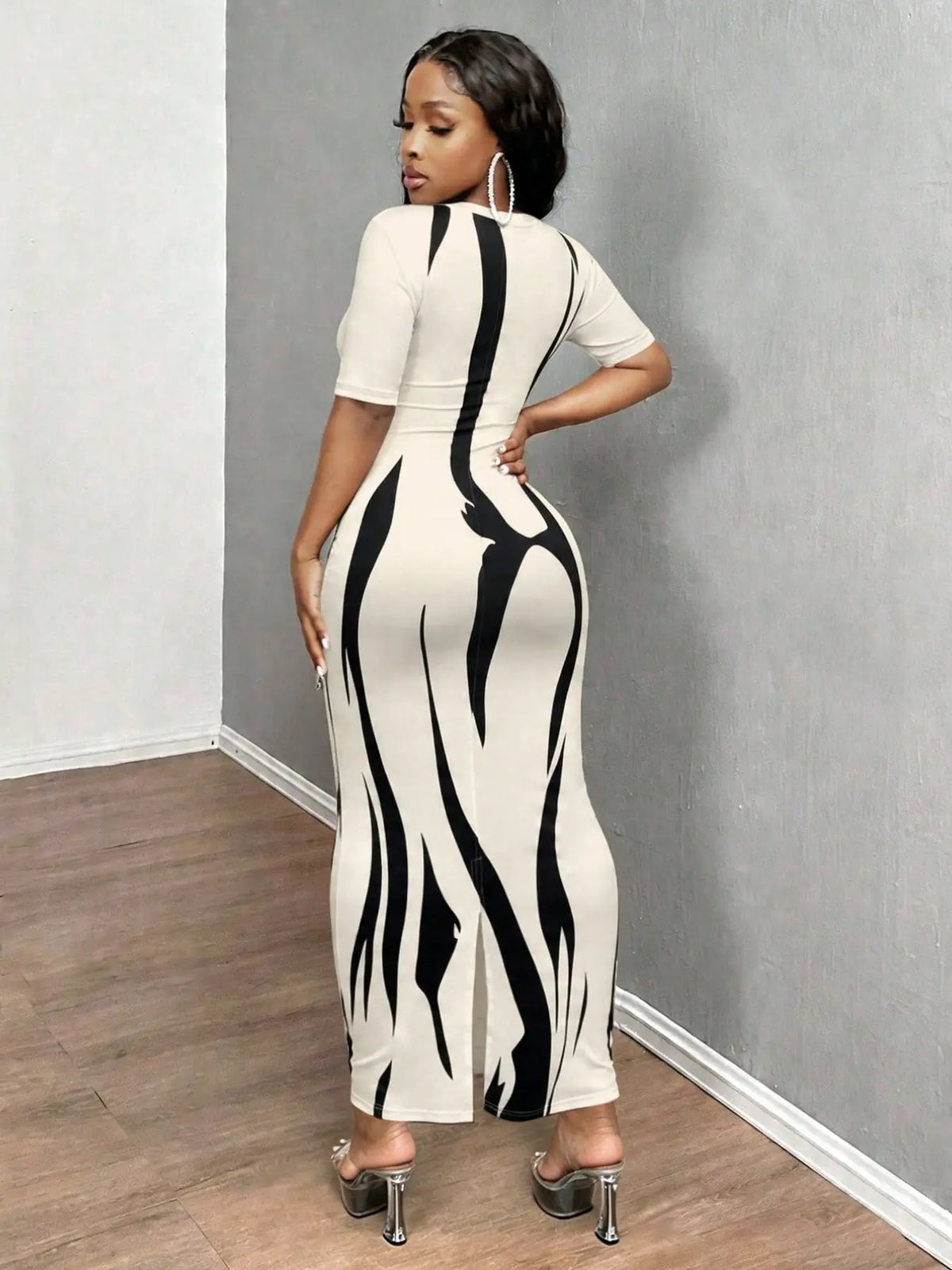 Women's Fashion Slim-Fit Printed Unlined Short-Sleeve Long Dress, Elegant All-Over Print, All-Season Wear, Summer Dresses
