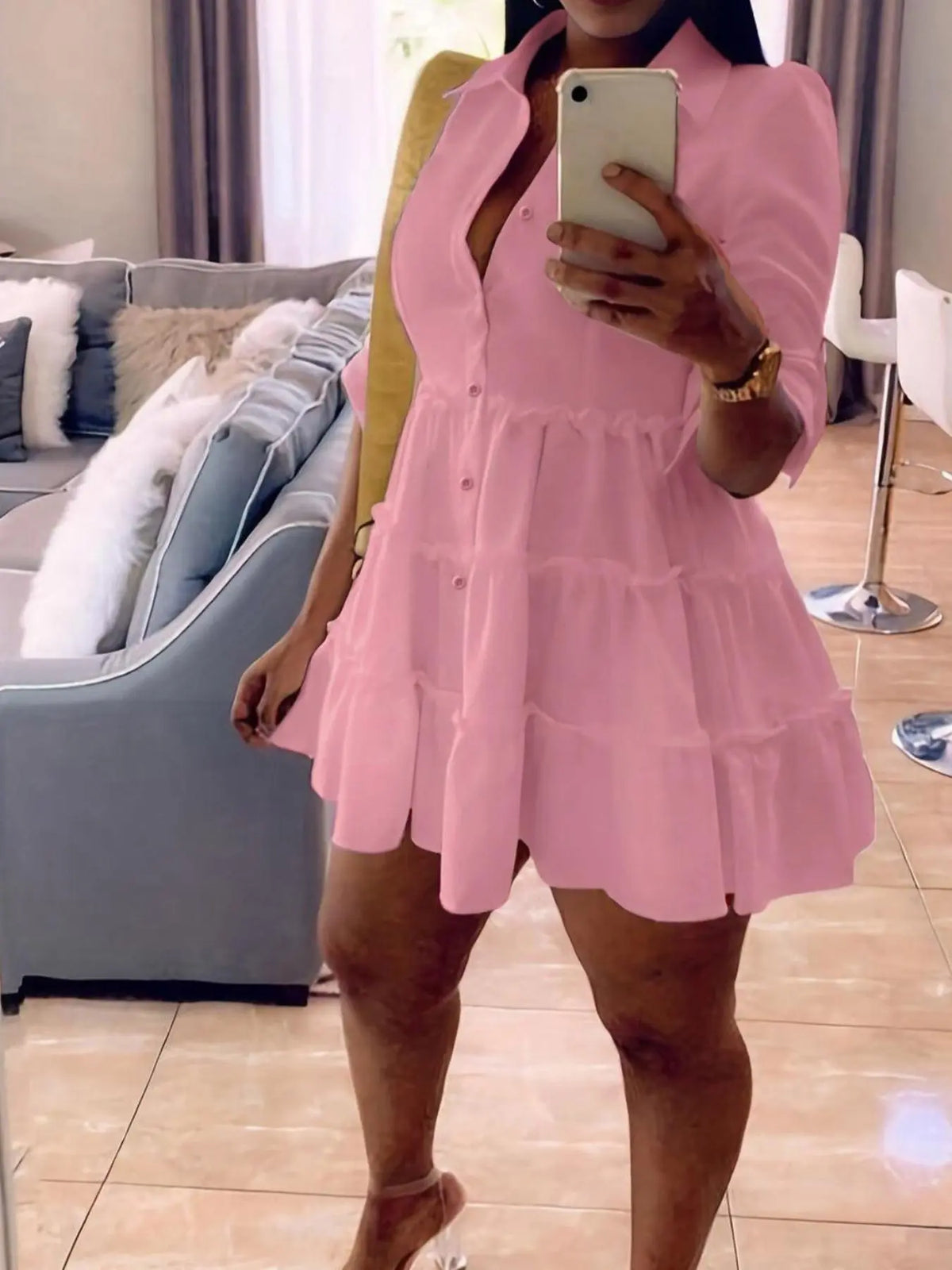 Women's Plain Collared Button-Front Shirt Dress with Frill Trim & Roll-Up Sleeves, Elegant Fashion Fitted Short Dress for Daily Outdoor Wear, Casual Summer Dress, Buttoned Dress, Chic Womenswear