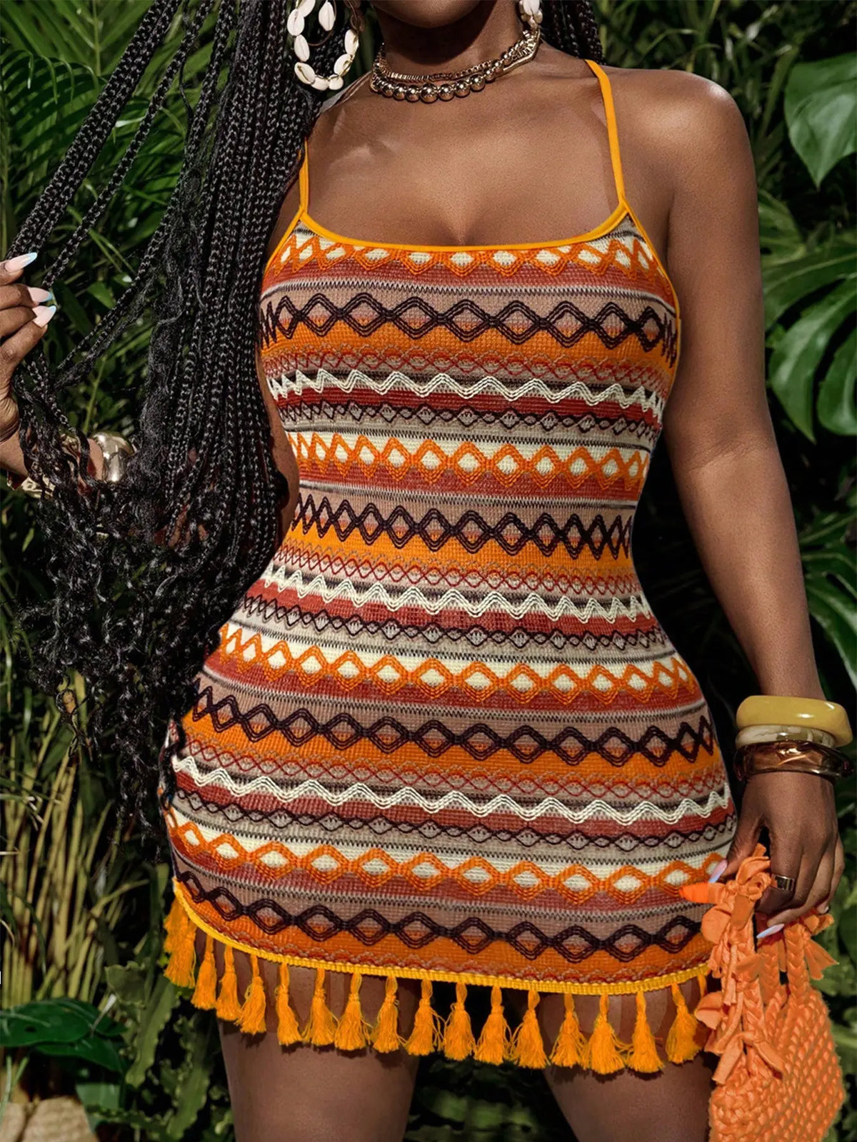 Women's Vacation Colorful Striped Fitted Fringe Mini Dress, Stylish & Comfortable Summer Dress, Perfect for Beach & Poolside Wear, Boho Beach Dresses