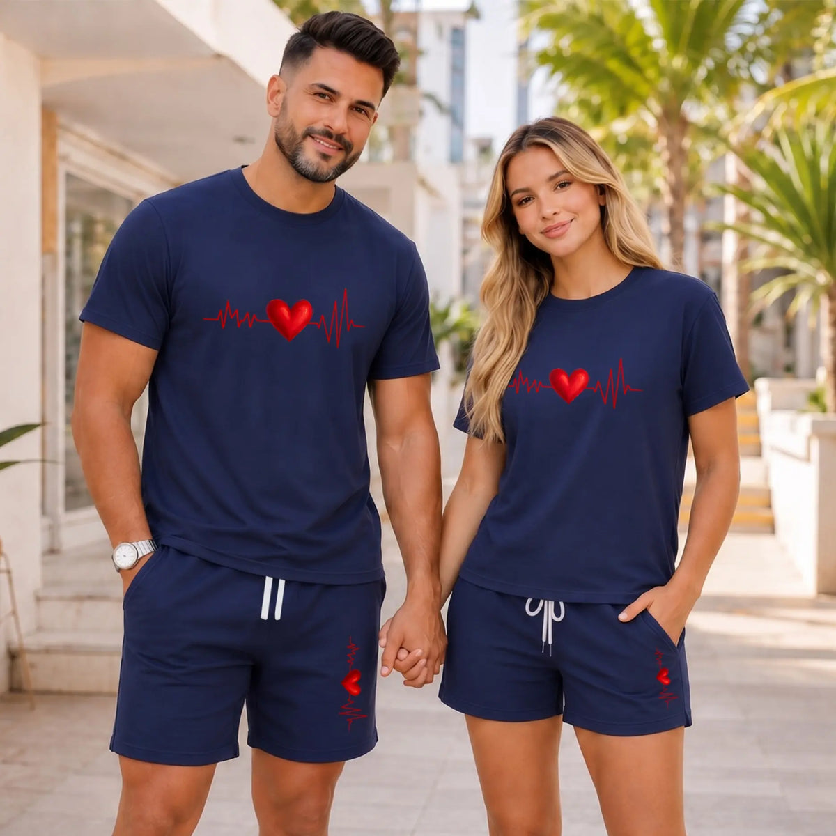 Women's Loose 2-Piece Style Set - Short-Sleeve Breathable Romantic Heart Graphic T-Shirt & Soft Fabric Drawstring Shorts, Everyday Casual Summer Outfit for Home & Outdoor Activities