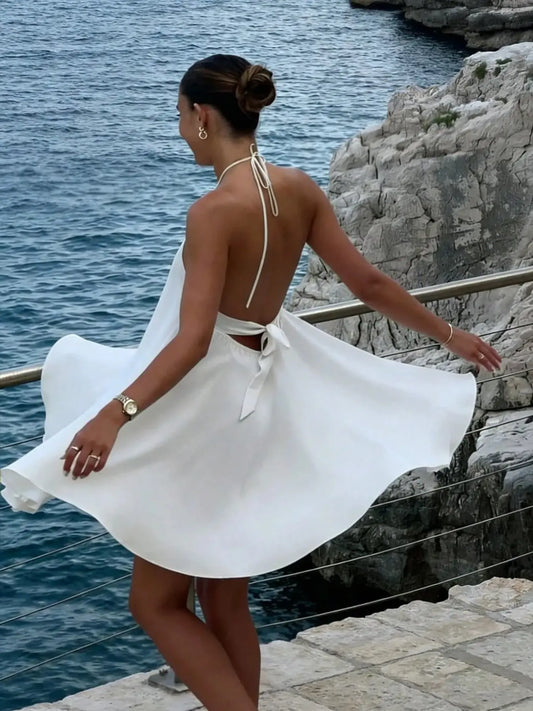 New Women's French Style Chic Tie Backless Sleeveless Dress, Flowy Hollow Out Slim Fit Short Vacation Dress, Womenswear