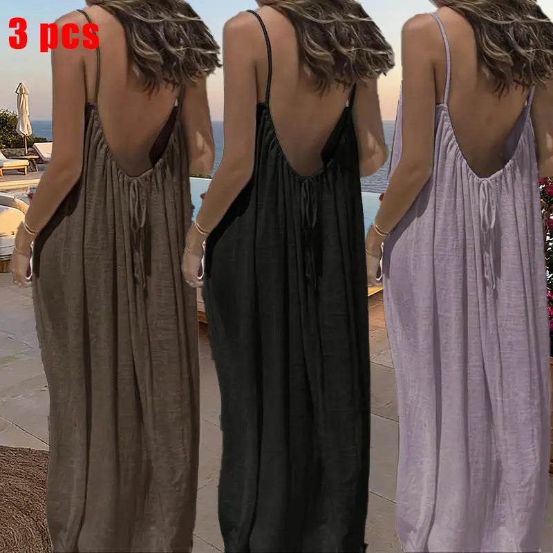 GYNLEUX Women's Basic Solid Color Backless Cami Dress - 1-3 Pcs, Comfortable Fabric Casual Women's Clothing for Summer Beach Holiday Sleeveless Dress, Backless Dress