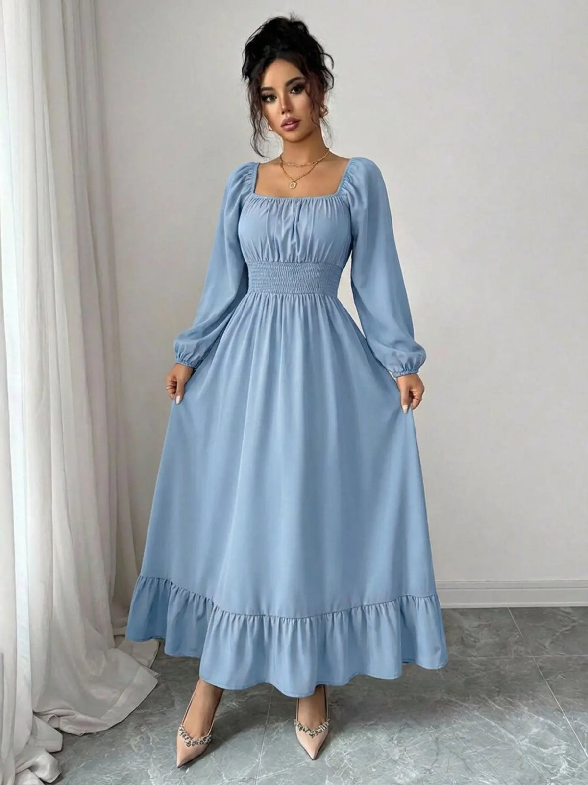 Spring & Fall Casual Lady Womenswear Square Neck Long Sleeve Ruched Waist Pleated Beach Vacation Mid-Length Solid Color Dress Casual Elegant Dresses Casual Boho Chic Boho Fashion Dress Style Elegant