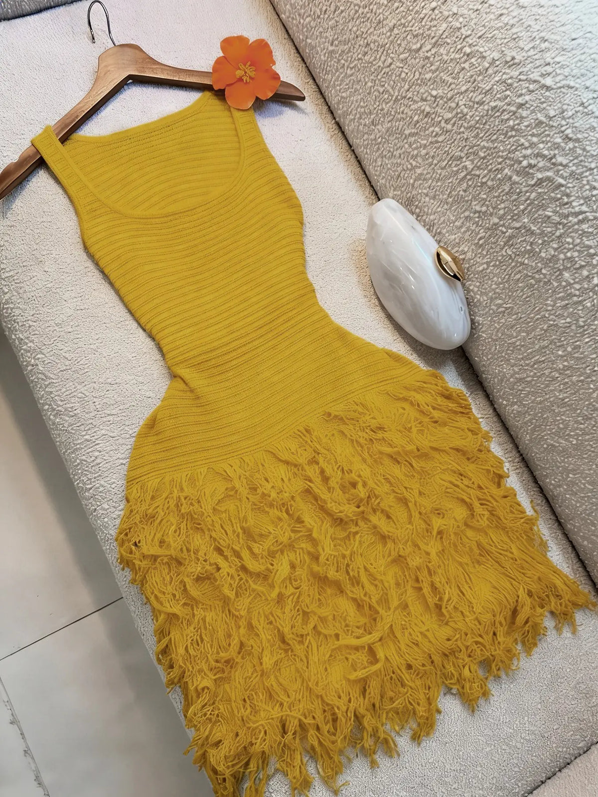 Elegant Knitted Dress for Women, Summer Vacation Fringe Dress, Slim-Fitting Bodycon Summer Dress, Plain Round Neck Sleeveless Dress for Spring & Summer