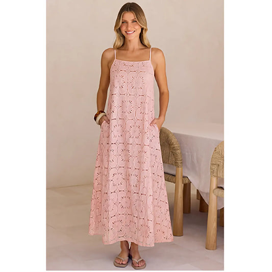 MEROKEETY Women's 2026 Summer Bohemian Spaghetti Strap Sundress - Casual Wear, Sleeveless Floral Lace Eyelet Boho Casual Fashion Beach Maxi Dress
