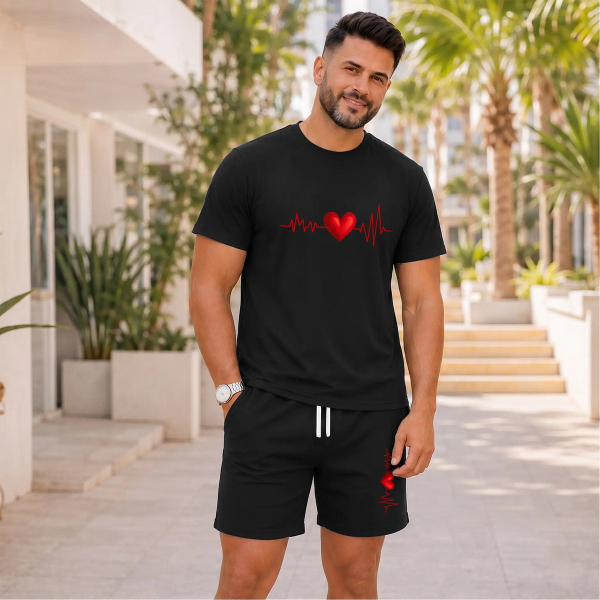 Women's Loose 2-Piece Style Set - Short-Sleeve Breathable Romantic Heart Graphic T-Shirt & Soft Fabric Drawstring Shorts, Everyday Casual Summer Outfit for Home & Outdoor Activities