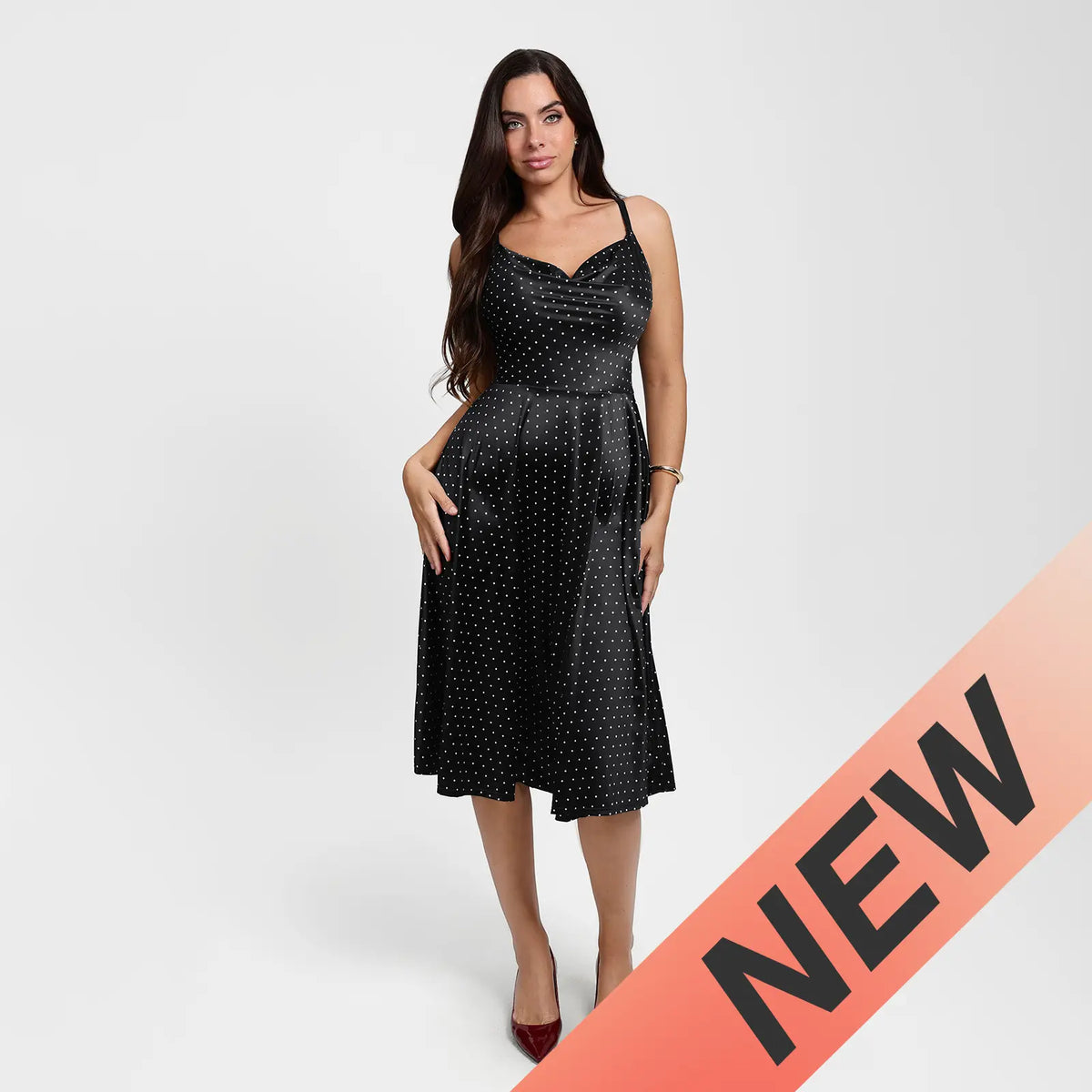 Popilush Spaghetti Strap Cowl Neck Midi Swing Dress Casual Breathable Elastic Fabric for Everyday Womenswear Feminine Adjustable Mesh SohoChic
