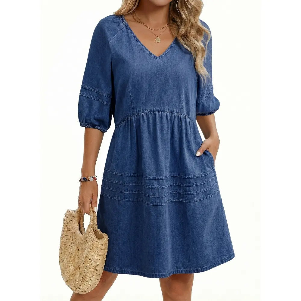 Dokotoo Denim Dress for Women Casual V Neck Puff Short Sleeve Mini Jean Dress Cute Back Tie Summer Dresses