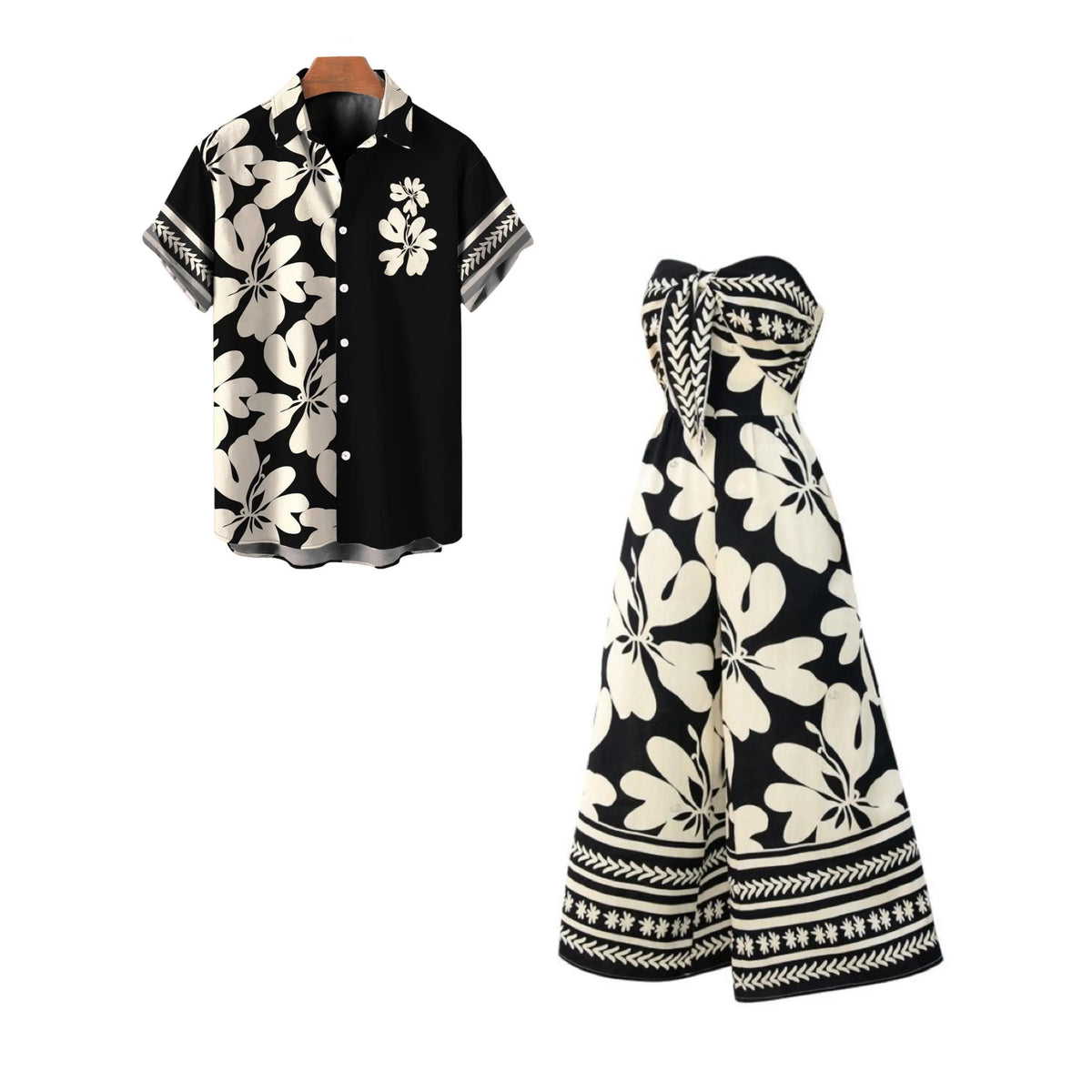 2026 Hawaii Couple Outfit Tribal Hibiscus Floral Print Bowknot Off the Shoulder Jumpsuit and Shirt Set
