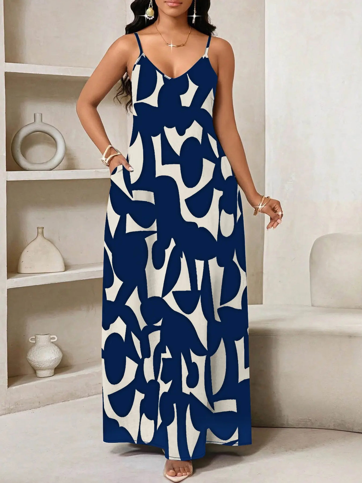 Summer Leopard Print Dress, Sleeveless Long Dress, Casual A-Line Dress with Pockets, Loose Fit, V-Neck, Beach & Travel Wear