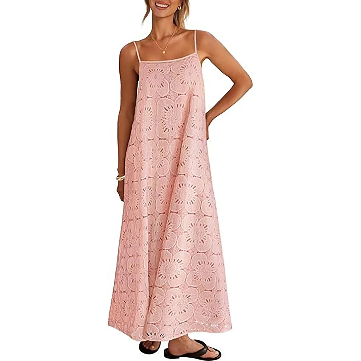 MEROKEETY Women's 2026 Summer Bohemian Spaghetti Strap Sundress - Casual Wear, Sleeveless Floral Lace Eyelet Boho Casual Fashion Beach Maxi Dress