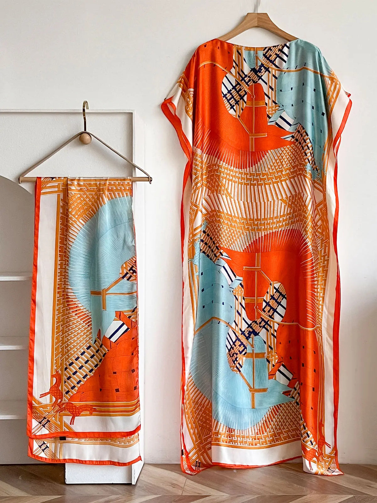 Women's Fashion Print Long Robe Outfit Set, Moomoo Dress + Scarf Headband, Casual Woven Fabric Thin All-Season Wear, Beach Sun Protection