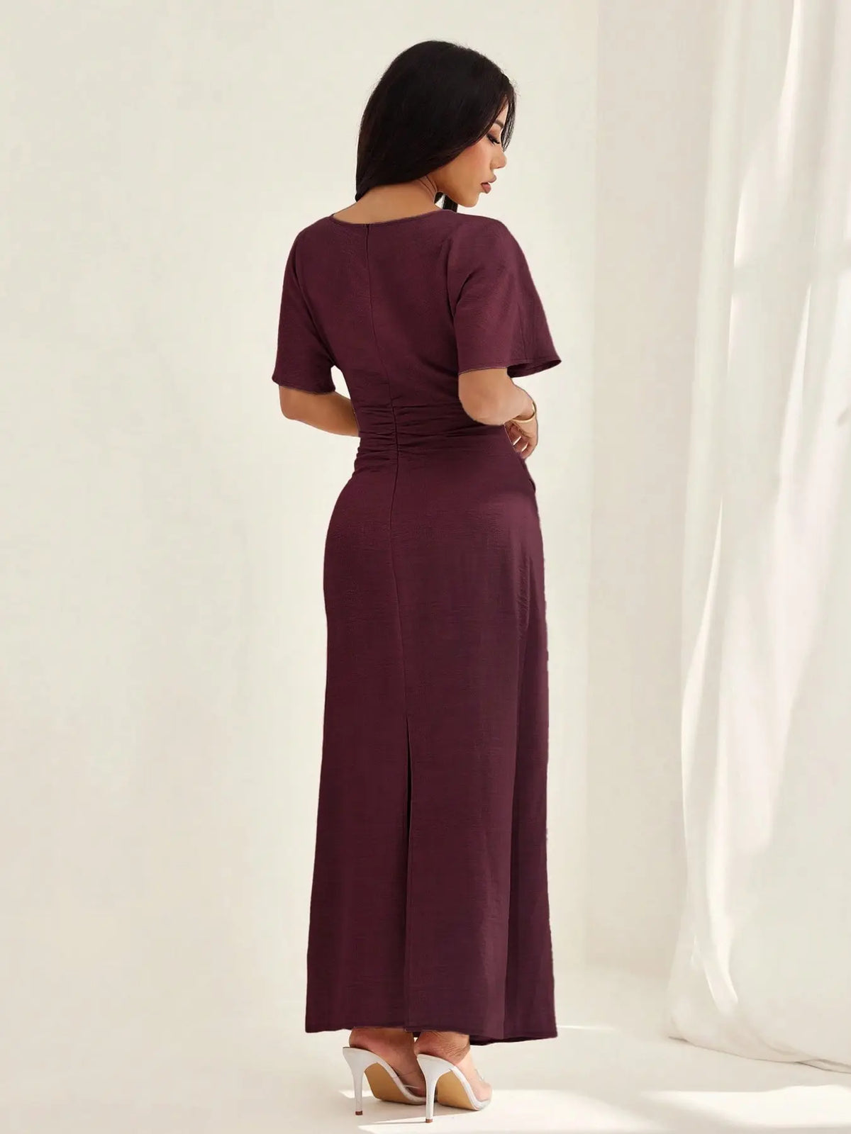 Women's Elegant Casual Summer Short Bodycon Plain Ruched Round Neck Dress, Lady, Solid Pattern, No Ca Prop 65, Stylish Design, Perfect for Warm Weather, Comfortable & Chic, Womenswear