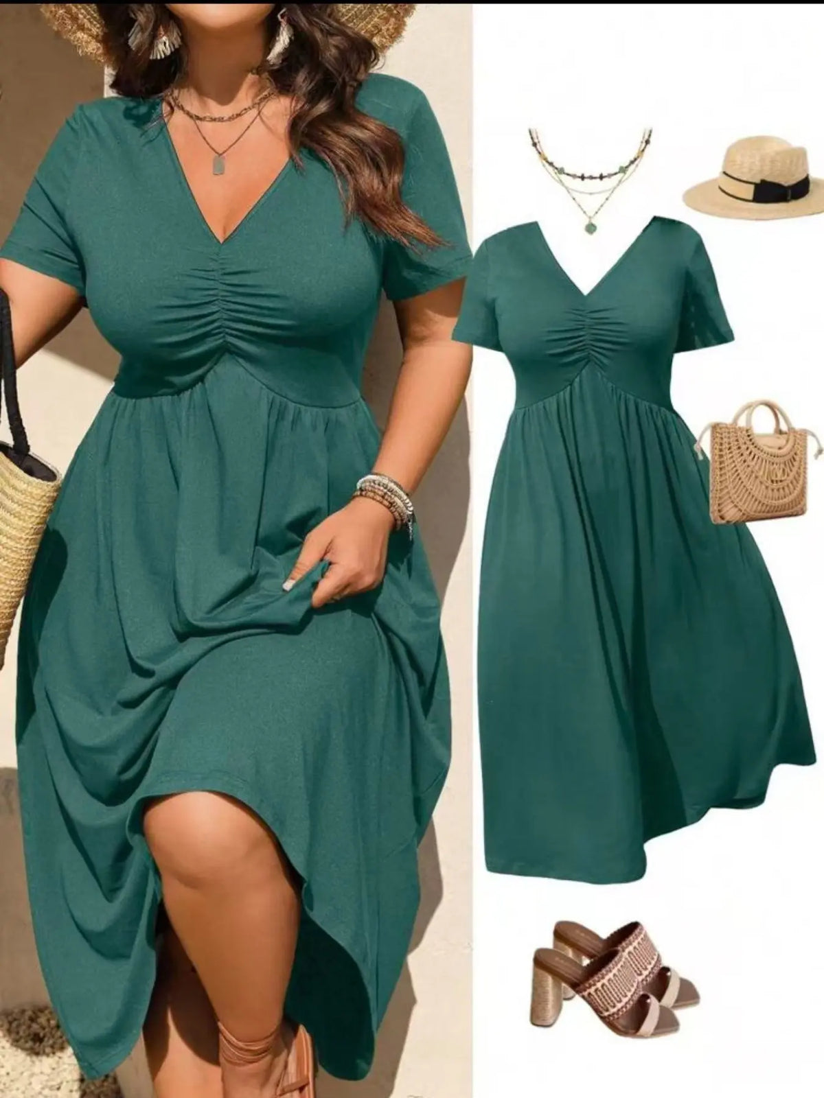 Plus Size Basic V-Neck Ruched Short Sleeve Midi Dress, Casual Summer Flowy A-Line Dress, Women's Fashion Clothing, Casual Wear