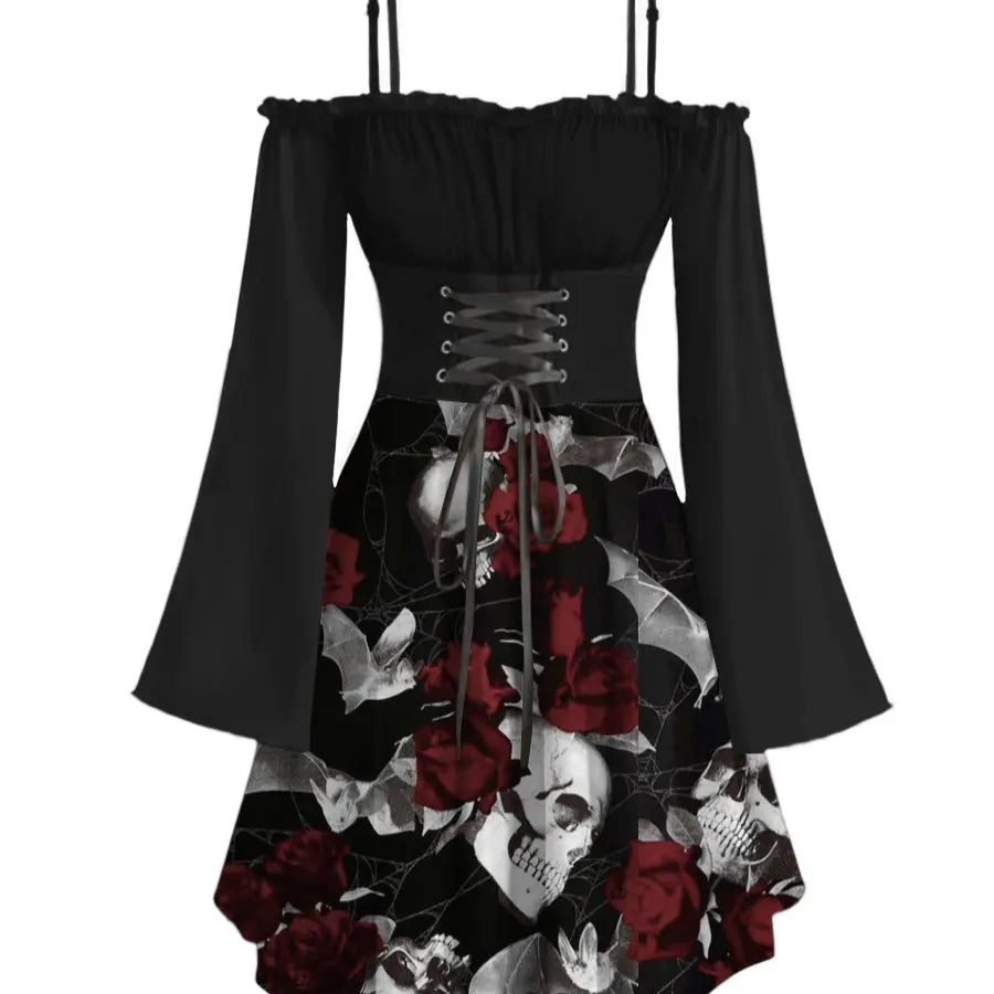 DRESSLILY 2026 Gothic Couple Outfit Women's Skull Rose Print Lace Up Off the Shoulder Asymmetrical Dress and Men's Long Sleeve Shirt Matching Set