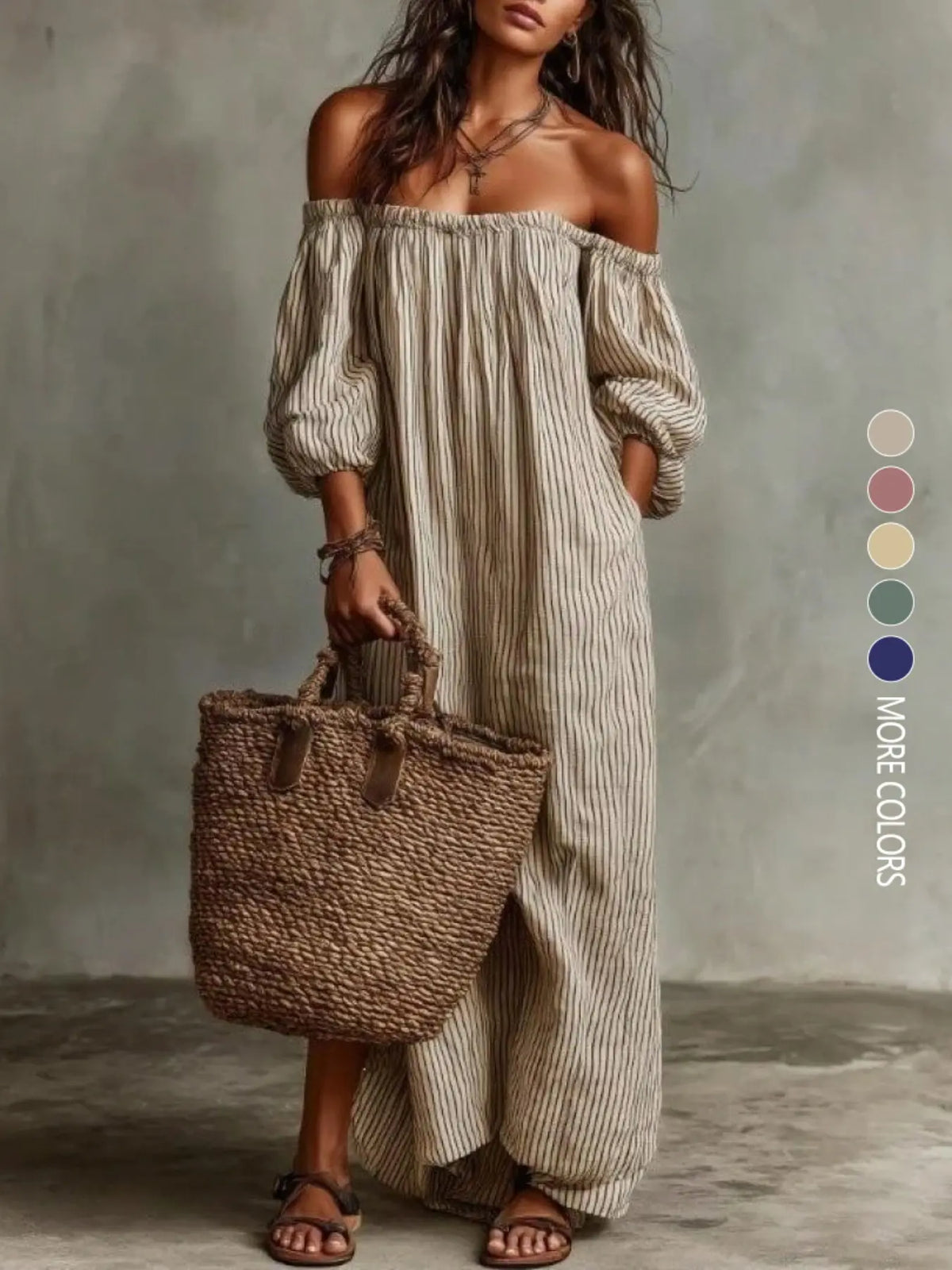 Summer New Elegant Chic Loose Off-Shoulder Striped Dress Sundress