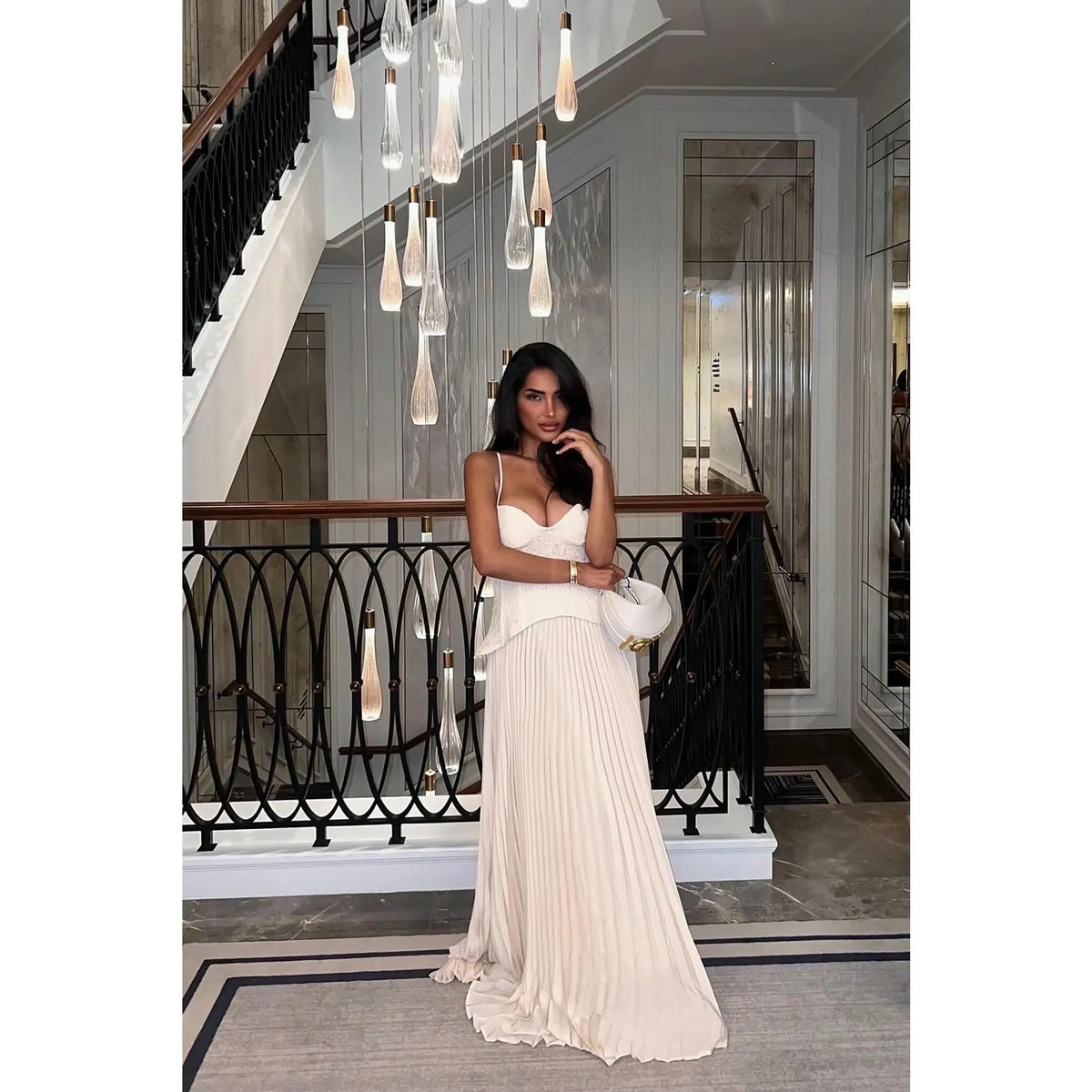 Daniella Lace Corset Pleated Maxi Dress - Cream