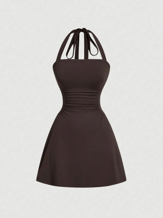 Women's Solid Fit Ruched Tie Back Backless Halter Neck Dress Womenswear Sleeveless A Line Short Dress for Summer, Women's Dress for Beach Holiday Summer Dresses
