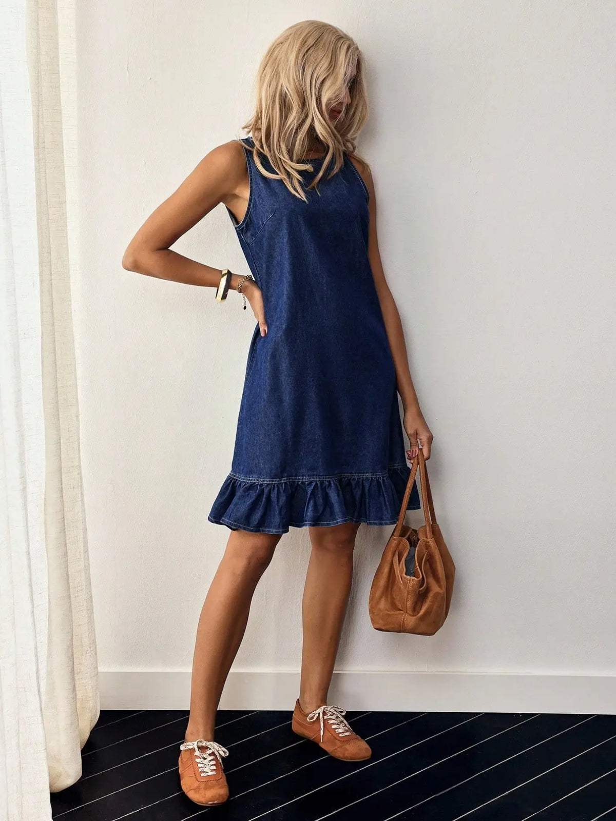 Women's Sleeveless Knee-Length Slimming Fit Button Back Ruffle Hem Denim Dress, Chic, Stylish, Elegant and Comfortable, Perfect for Casual Summer Wear, Ideal for Everyday Daily Wear, Trendy Fashion Choice, Sleeveless Jean Dresses