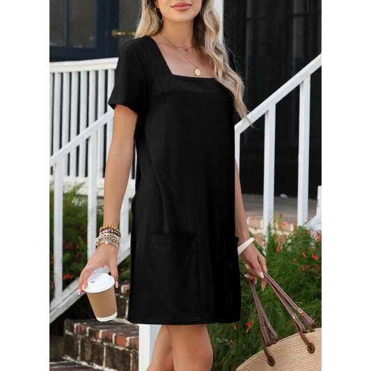 EVALESS Women's Casual Align Mini Dress - Stretchy Polyester Square Neck Shortsleeve Loose Basic Summer Outfit with Pockets, Anti-Shrink, Back to School, Women's Clothes