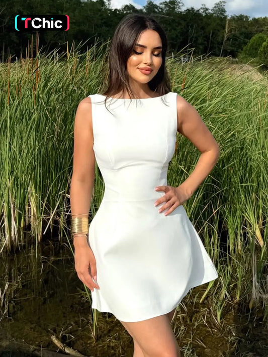 Women's Basic Solid Backless Boat Neck Tank A-line Dress, Street Fashion Casual Sleeveless Short Dress for Daily Outdoor Wear, Ladies Dress for Summer, Teacup Dress, Soul Dress, Womenswear, Beach Tank Dress, Beach Sundress