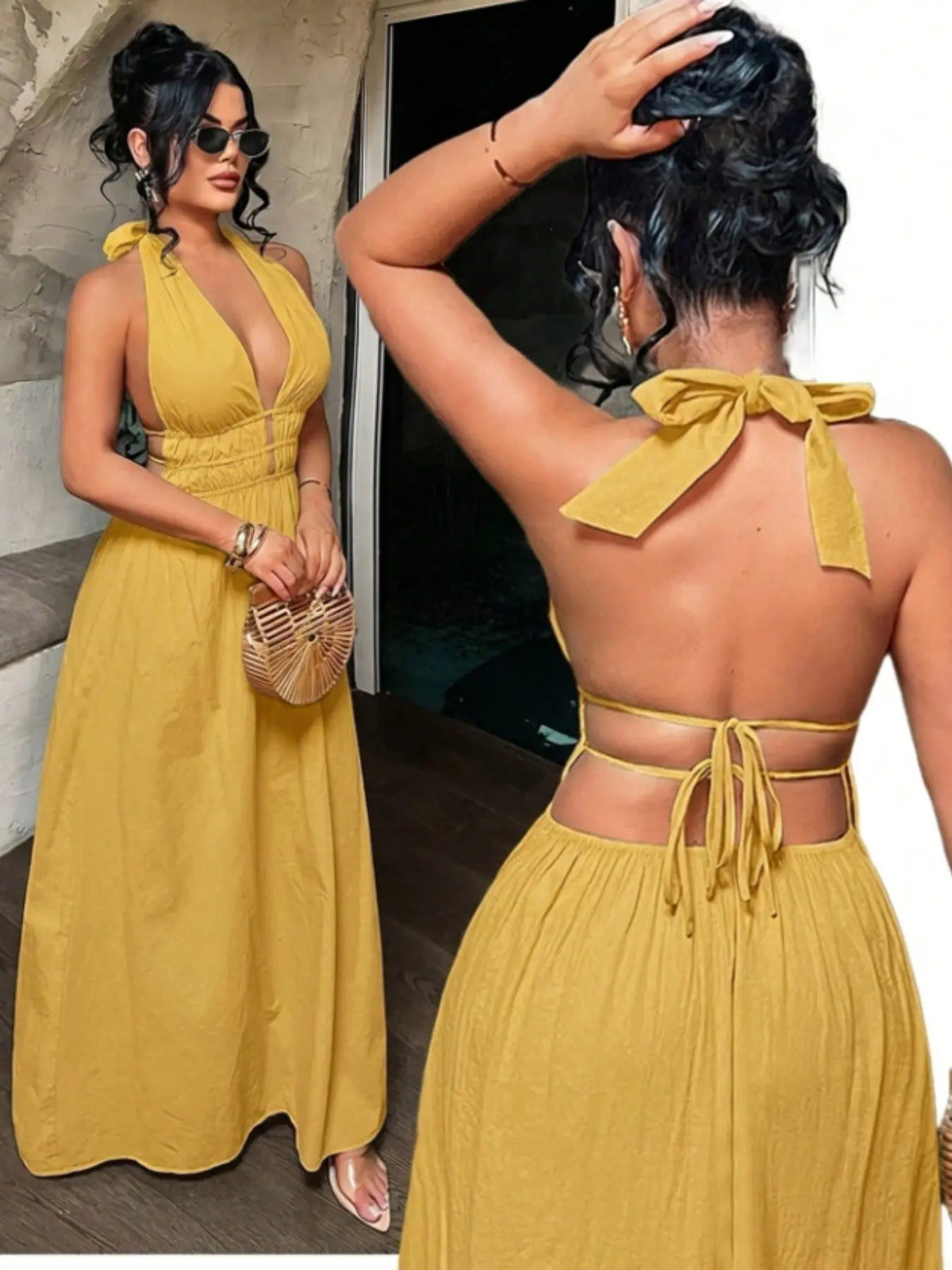 Women's Solid Color Deep V Neck Backless Ruched Design Sexy Maxi Dress,Summer Dresses For Women