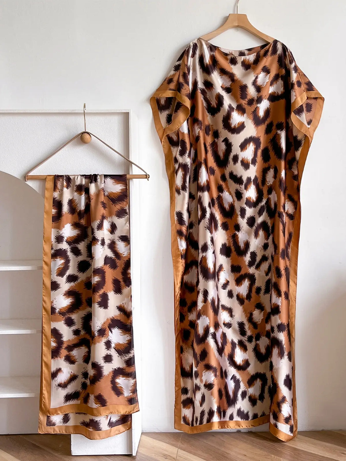 Women's Fashion Print Long Robe Outfit Set, Moomoo Dress + Scarf Headband, Casual Woven Fabric Thin All-Season Wear, Beach Sun Protection