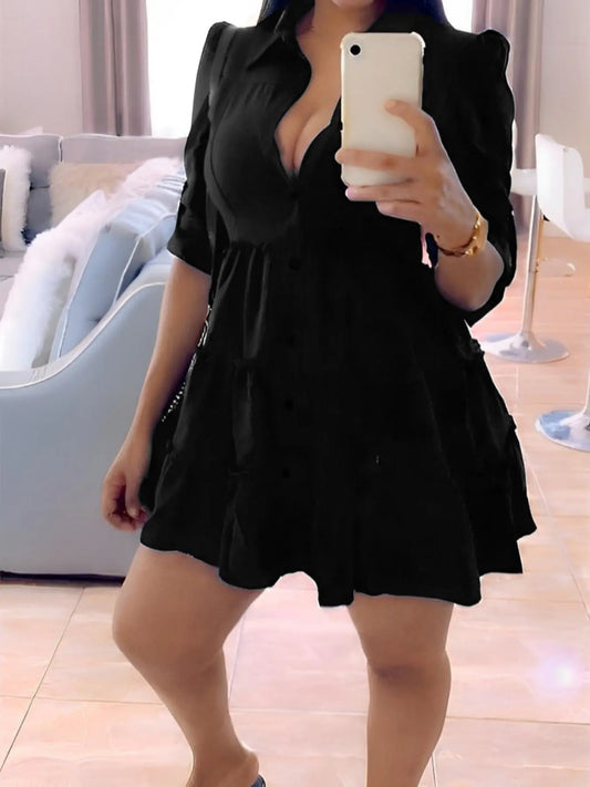 Women's Plain Collared Button-Front Shirt Dress with Frill Trim & Roll-Up Sleeves, Elegant Fashion Fitted Short Dress for Daily Outdoor Wear, Casual Summer Dress, Buttoned Dress, Chic Womenswear