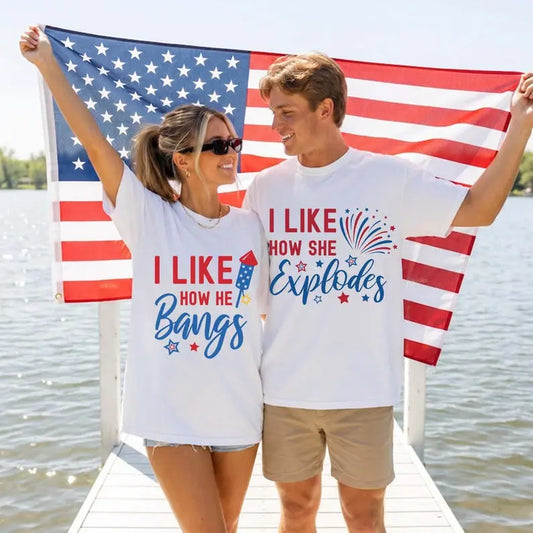 Comfort Colors I Like How She Explodes I Like How He Bangs Shirt, Funny 4th Of July Couple Tee, Patriotic Matching Independence Day Shirt