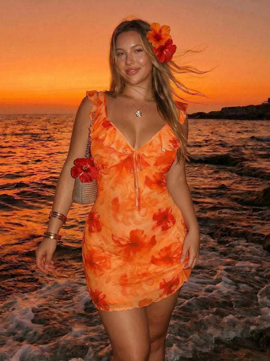Plus Size Casual Sundresses Floral Print Dress, Slimming V Neck Ruffle Strapless Skirt, Beach Vacation Style Sexy Short Dress