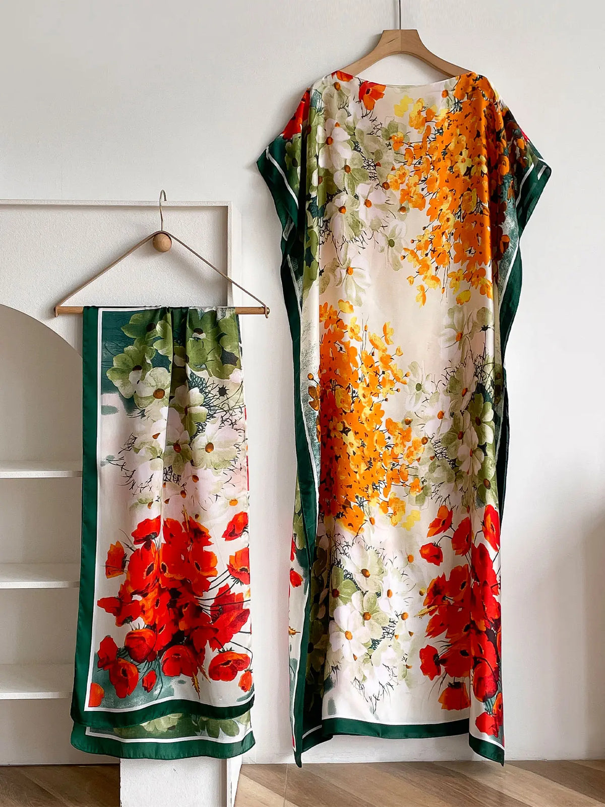 Women's Fashion Print Long Robe Outfit Set, Moomoo Dress + Scarf Headband, Casual Woven Fabric Thin All-Season Wear, Beach Sun Protection