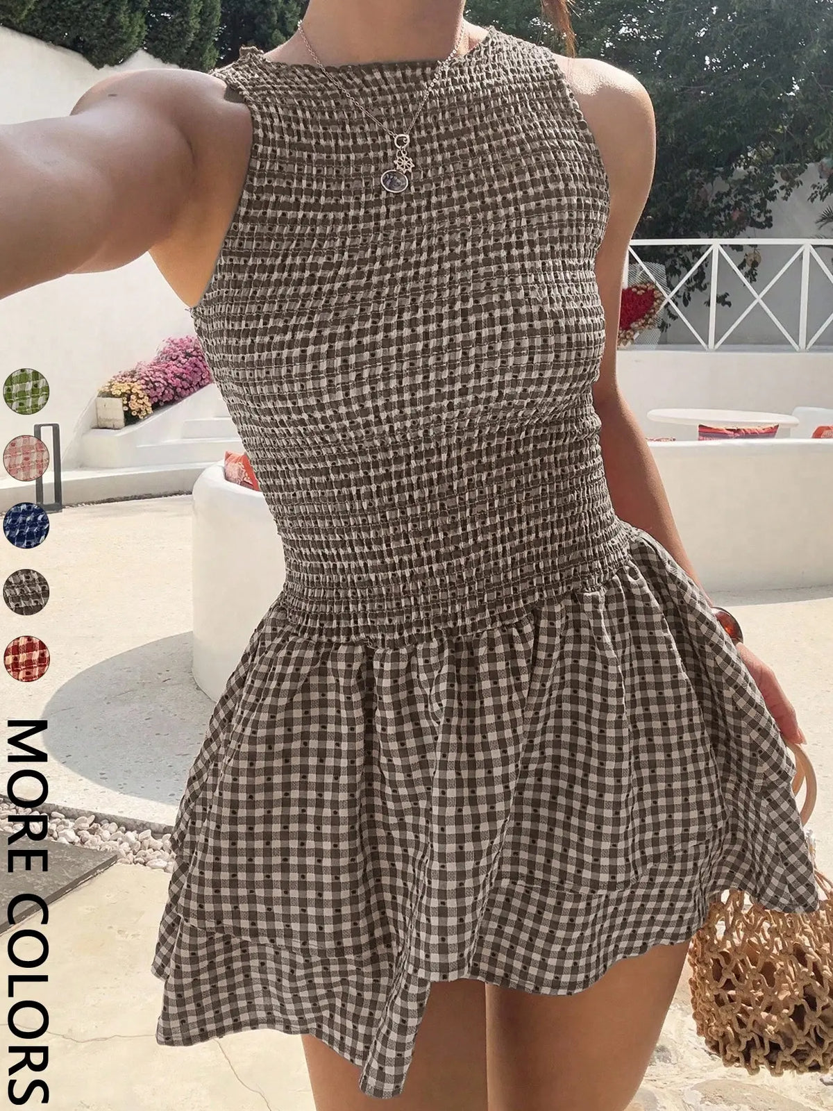Women Sleeveless Round Neck Gingham Mini Dress Smocked Bodice Tiered Ruffle Hem A Line Short Dress Slim Fit Flowy Skirt Trendy Casual Outfit Versatile Summer Dress for Beach Vacation Daily Going Out Look