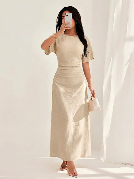 Women's Elegant Casual Summer Short Bodycon Plain Ruched Round Neck Dress, Lady, Solid Pattern, No Ca Prop 65, Stylish Design, Perfect for Warm Weather, Comfortable & Chic, Womenswear