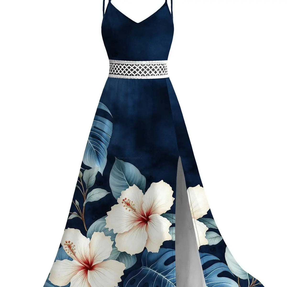 Two-Tone Vacation Couple Matching Outfits Tropical Hibiscus Floral Print Side Slit Lace Hollow Out Maxi Dress and Short Sleeve Shirt Set Womenswear Clothes Suits
