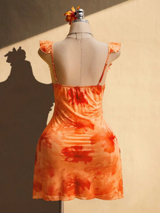 Plus Size Casual Sundresses Floral Print Dress, Slimming V Neck Ruffle Strapless Skirt, Beach Vacation Style Sexy Short Dress