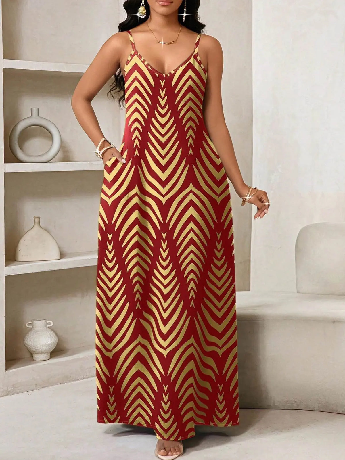 Summer Leopard Print Dress, Sleeveless Long Dress, Casual A-Line Dress with Pockets, Loose Fit, V-Neck, Beach & Travel Wear