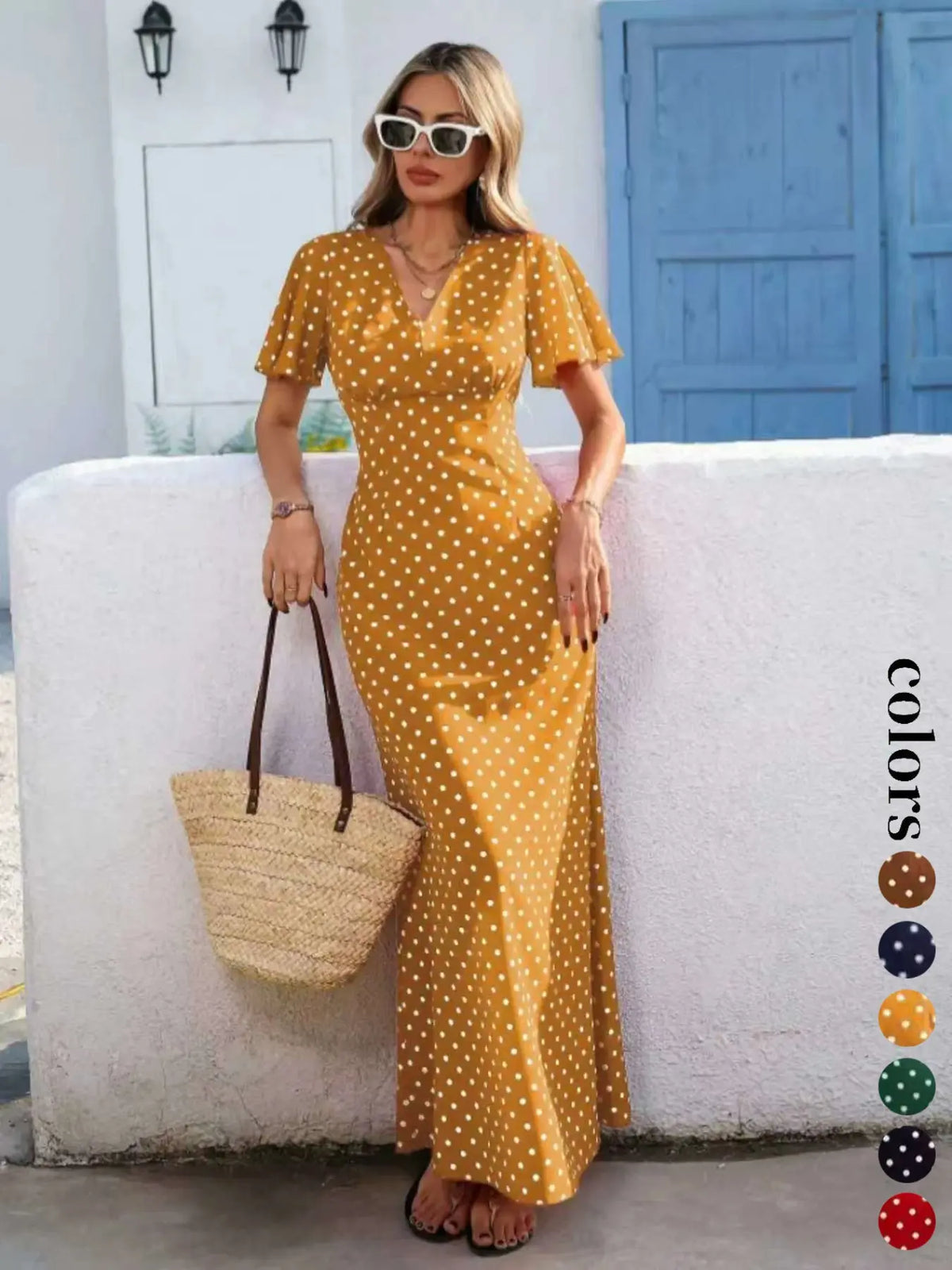 Women's Bohemian Boho Style V-Neck Short Sleeve Long Dress, Summer Casual Polka Dot Vacation Style, New European and American Fashion Casual Wear Boho Dresses