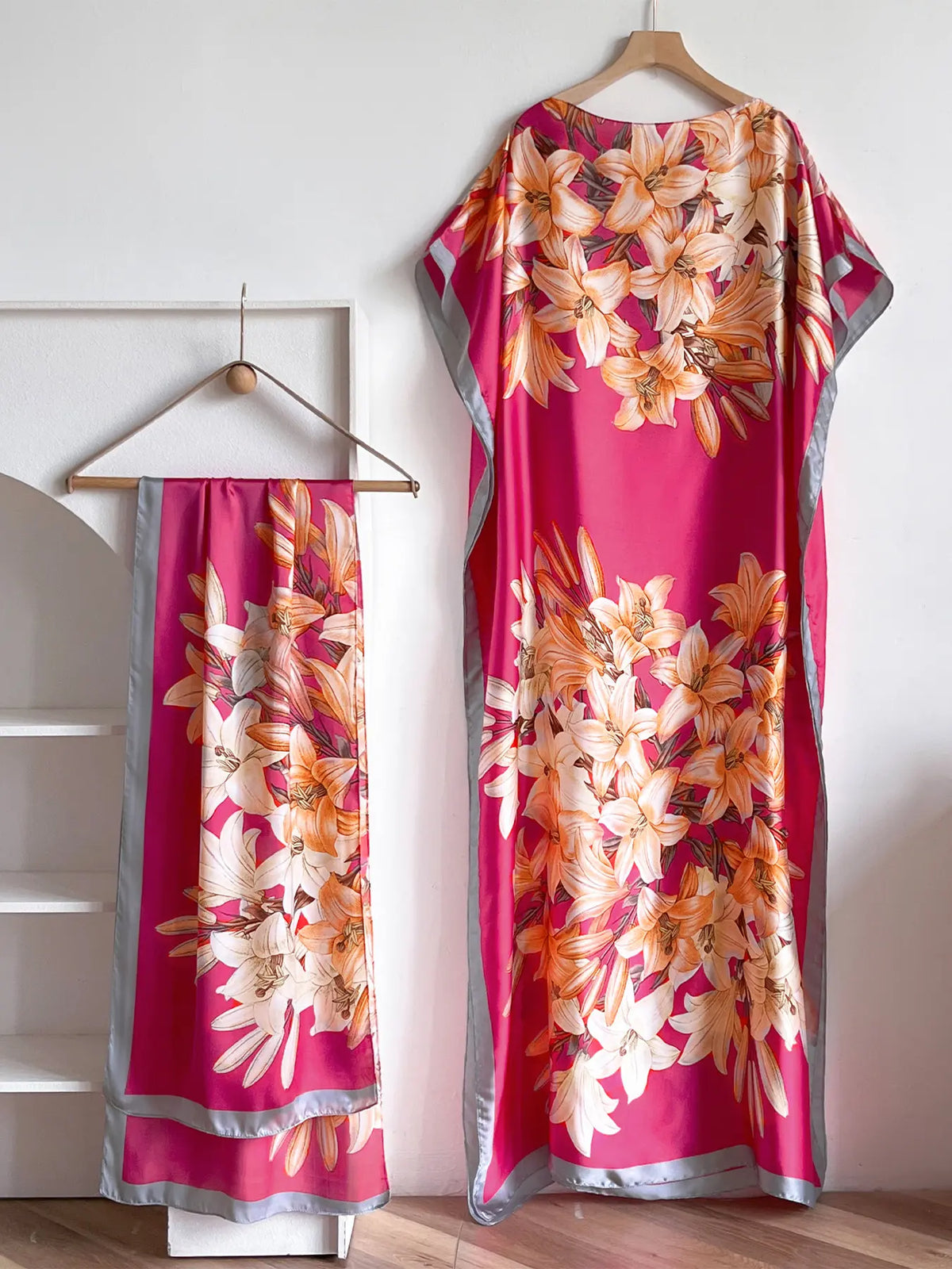 Women's Fashion Print Long Robe Outfit Set, Moomoo Dress + Scarf Headband, Casual Woven Fabric Thin All-Season Wear, Beach Sun Protection