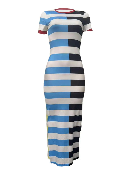 Women's Multicolor Colorblock Striped Print Split Side Tee Dress, Casual Style, Casual Chic, Fit, Short Sleeve Round Neck Long Dress for Daily Outdoor Wear, Dress in Club, For All Seasons, Soft Polyester Single Jersey Dresses