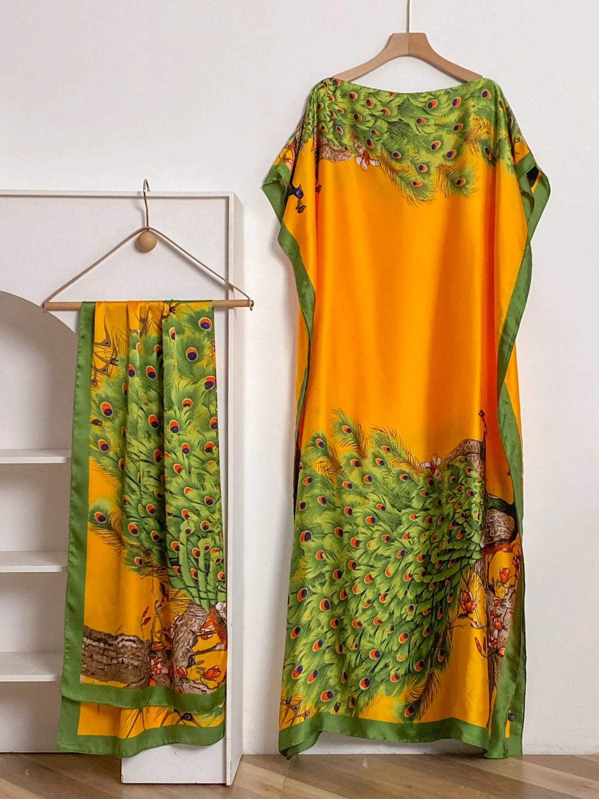 Women's Fashion Print Long Robe Outfit Set, Moomoo Dress + Scarf Headband, Casual Woven Fabric Thin All-Season Wear, Beach Sun Protection