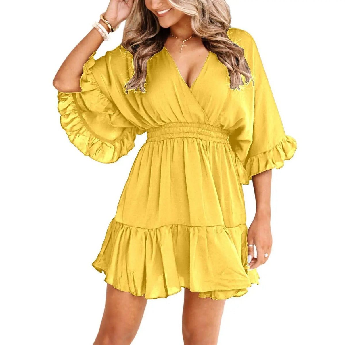 Imily Bela Womens V Neck Casual Dresses Summer Loose High Waist Ruffle Pleated Cute Mini Short Dress